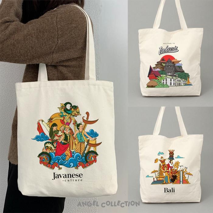 

RB985 Tas Tote Bag 100% Kanvas Resleting Kota Indonesia untuk Oleh-Oleh Souvenir Aesthetic Ukuran