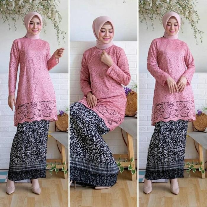 SETELAN KEBAYA TUNIK BROKAT JUMBO WARNA PINK DUSTY /TUNIK KURUNG DRESS