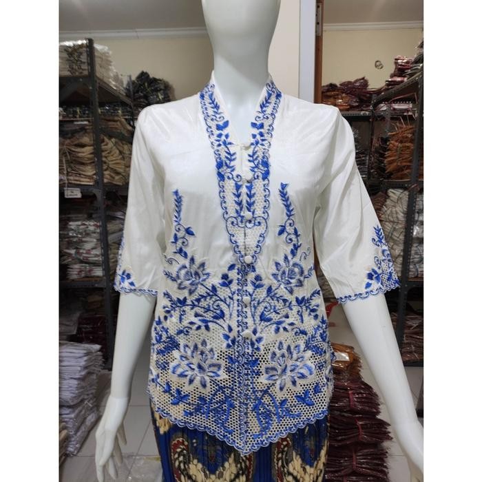 Atasan Kebaya Wanita Modern Warna Putih Bordir Biru Navy Lengan 3/4