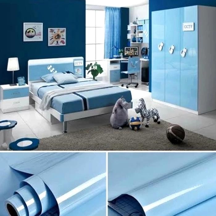 wallpaper sticker dinding dapur kitchen set premium biru polos glossy