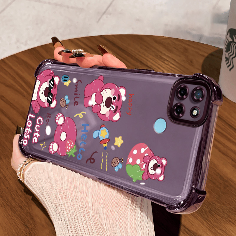 Casing Hp untuk Realme C21Y Realme C25Y C21 C15 Case Cesing Pelindung Beruang berwarna stroberi Sili