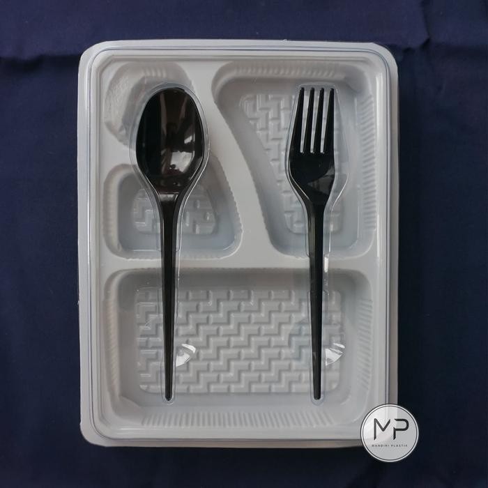 Terbaru Mika Box Bento 4 Sekat Premium Full Set + Sendok Garpu Warna Coklat Putih Grosir