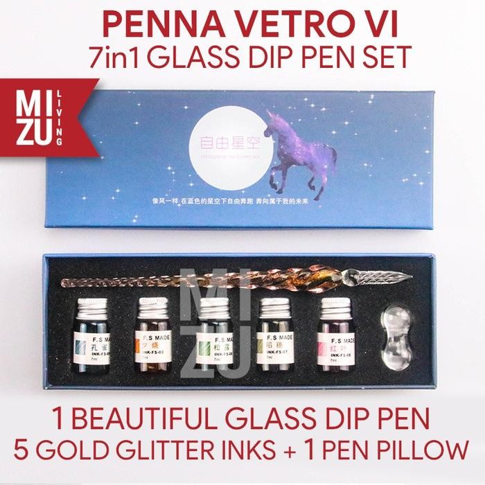 

MIZU PENNA VETRO VI GLASS Dip Pen Kaca Calligraphy Set 5 Gold Glitter INK Tinta Pen Pillow - WHITE