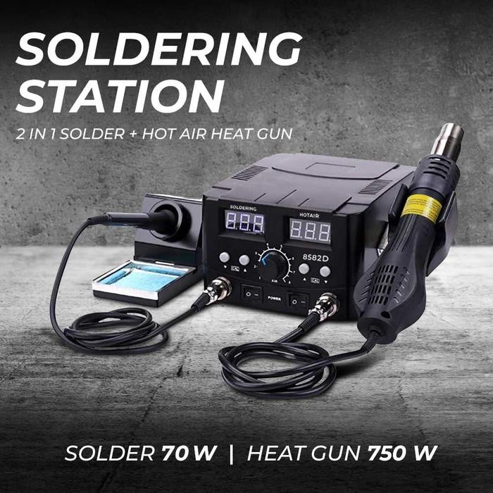 Soldering Station + Hot Air Heat Gun 750W Solder Uap 2 In 1 8582D