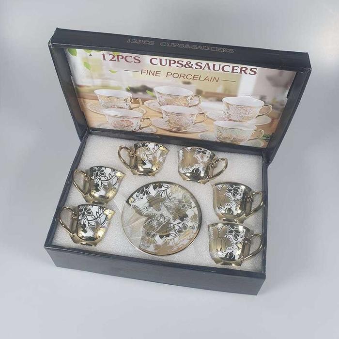 Set Cangkir Keramik + Piring 6In1 Tea Coffee Cup Electroplating 100Ml Vintage Klasik Sunfili Sf141