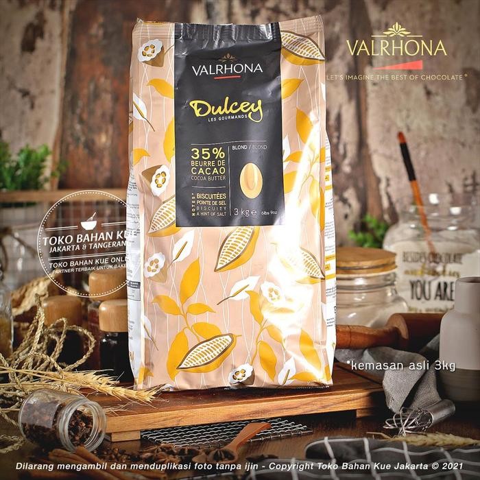 

Neww Valrhona DULCEY 32% Blond Chocolate 3kg SAK Couverture Cokelat Cream Terlaris