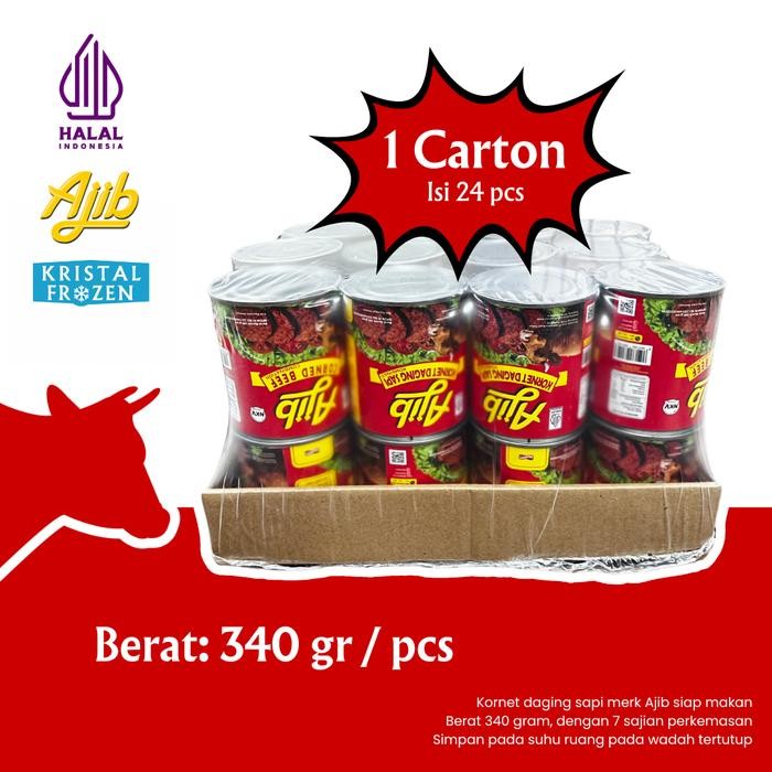 

Promo Kornet Sapi AJIB 340gr Isi 24pcs / 1 Karton Corned Beef Kaleng