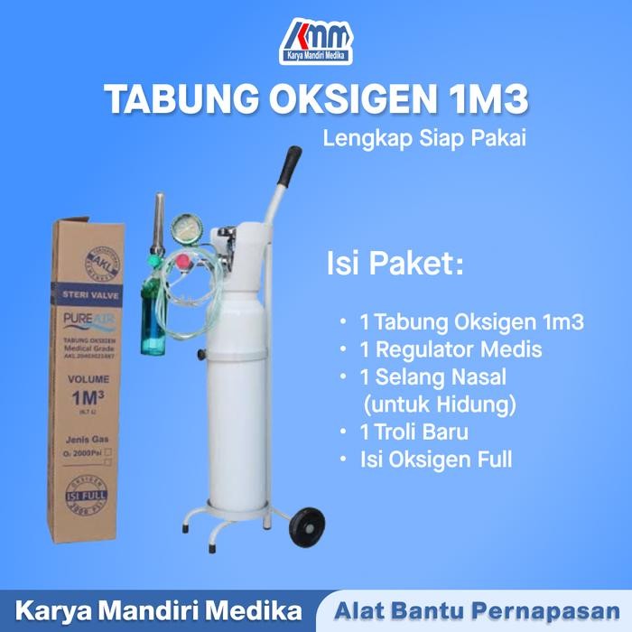 Tabung Baru 1M3 Isi Oksigen + Regulator Pernapasan Oksigen + Trolly