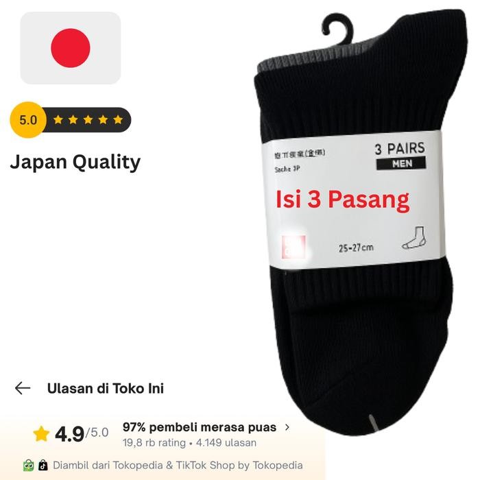Kaos Kaki Uniqlo Supima Cotton Original Pria Import Jepang Nyaman - Isi 3 Pasang Kaos Kaki Katun
