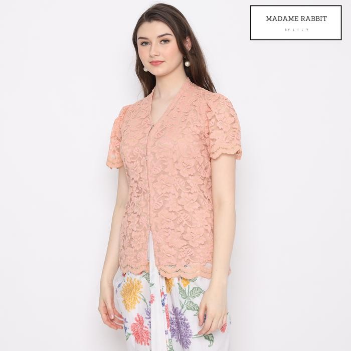 Blouse Kebaya Brokat Puff Peach Baju Pesta Atasan Polos Madame Rabbit Dress Wanita