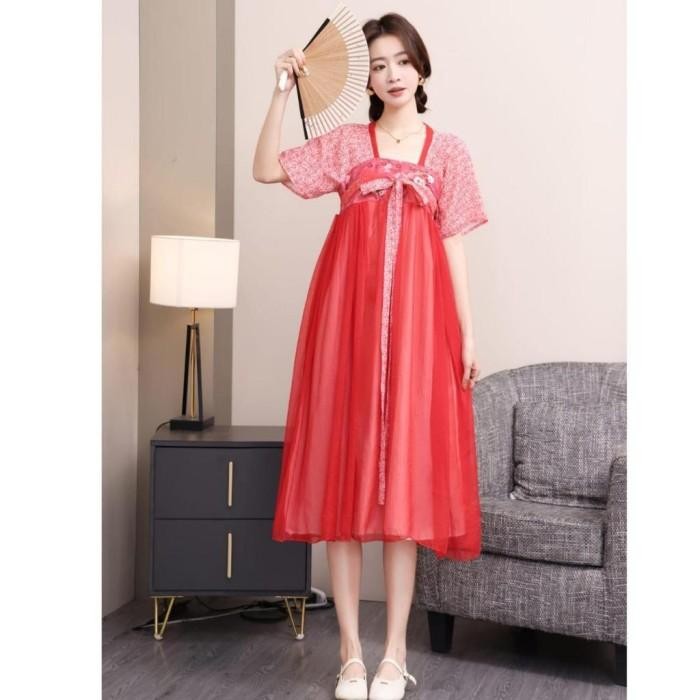 Maxi Long Dress Hanfu Chinese Traditional Baju Terusan Wanita Imlek Sincia Merah Green Pink Top