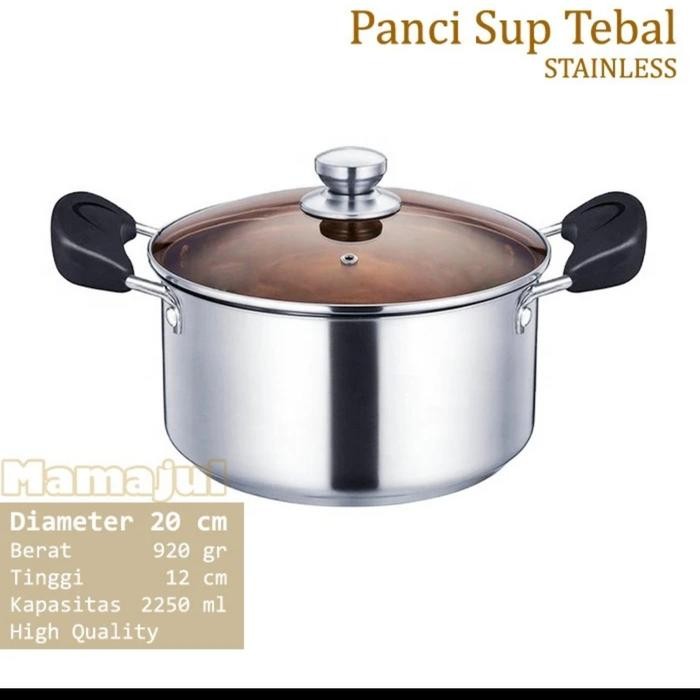 Subron Panci Sup 20 Cm Stainless Tebal Tutup Kaca