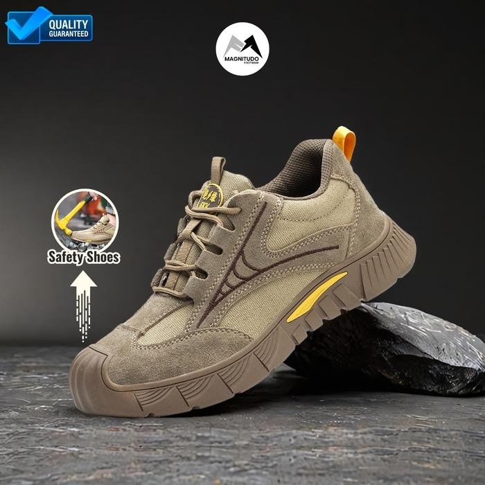 PJ Sepatu Safety Jogger Sport Pria Ujung Besi Import Oliver Cream Anti Setrum Listrik Casual Shoes