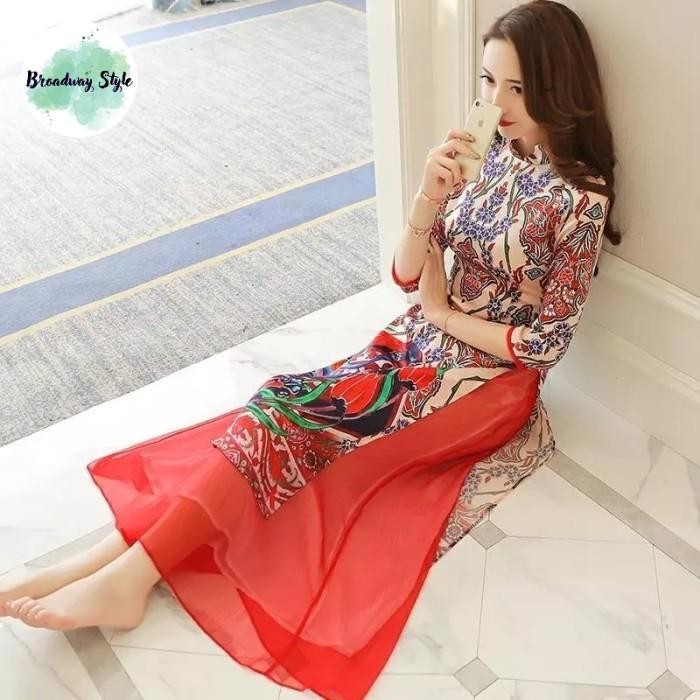 Long Dress Cheongsam Wanita Baju Terusan Wanita Long Sleeve Aurora Setelan Atasan dan Bawahan Celana