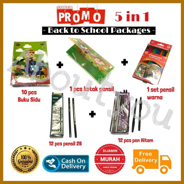 

New PROMO 5 in 1 PAKET Alat Tulis Sekolah Set LENGKAP Buku Kotak Pensil Warna Pen murah Hitam Pencil