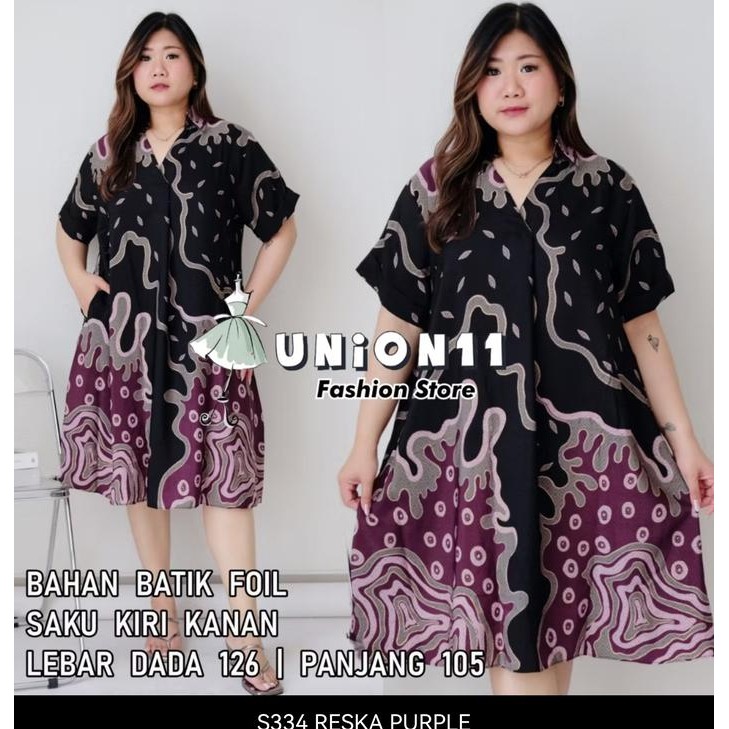 JUMBO DRESS CASUAL WANITA BATIK FOIL KERAH KEMEJA FIT LD 126