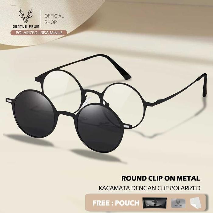 Gray Pink Frame Kacamata 2in1 Clip On Polarized Bisa Custom Minus Model Bulat Bahan TR90 Fashion