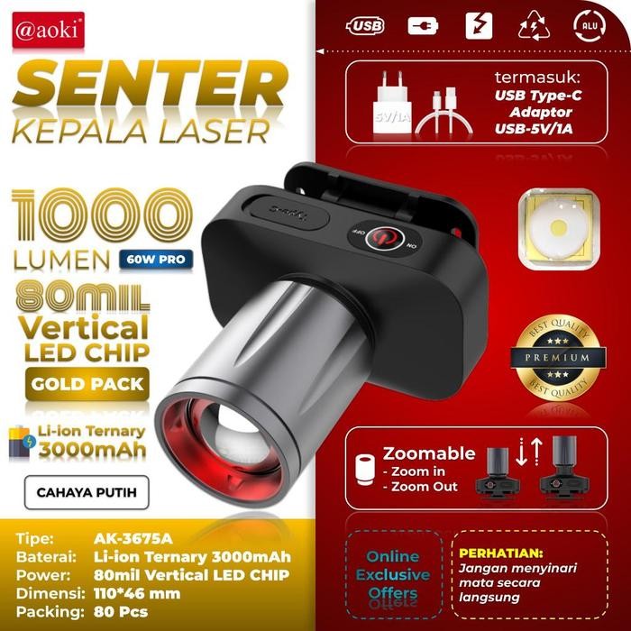 Terlaris Senter Kepala Led Zoom Aoki Ak-3675A 60 Watt Pro - Cahaya Terang - Zoom Laser - 1000 Lumen