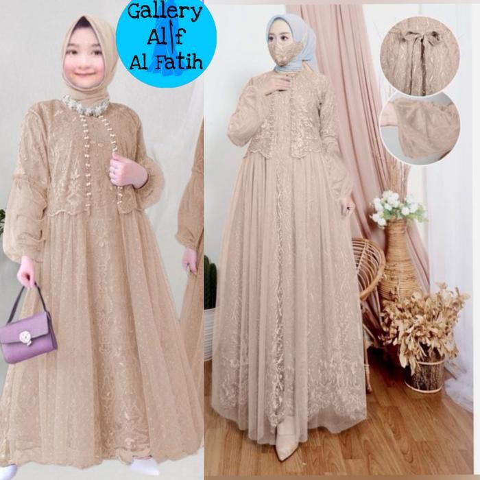 SIAPKIRIM Couple gamis vella ibu anak 3 - 14 th dress pesta brukat tile coksu coklat susu LD 90 100