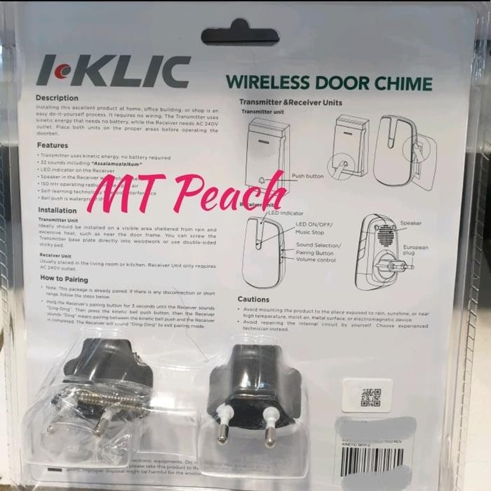 I KLIC BEL NIRKABEL KINETIK 2 RECEIVER WIRELESS DOOR BELL PINTU RUMAH