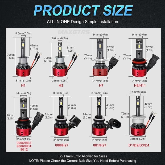 Maxgtrs 2x H1 H3 H7 H8 H11 HB3 HB4 9005 9006 D1 D2 D3 D4 4800K 9600LM