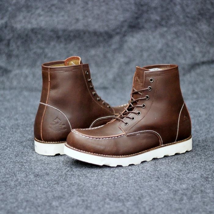 wolf pointer brown - sepatu boots moc toe pria kulit asli original