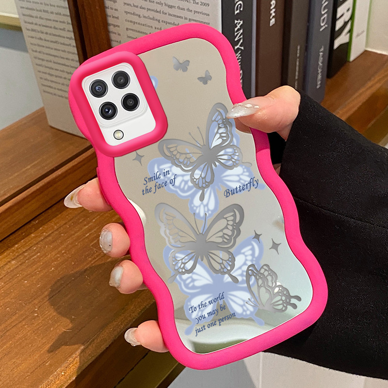 Casing Untuk Samsung A22 M22 M32 Case Casing Kupu-kupu abu biru Pola HP Cesing Macaron Kasing Mirror