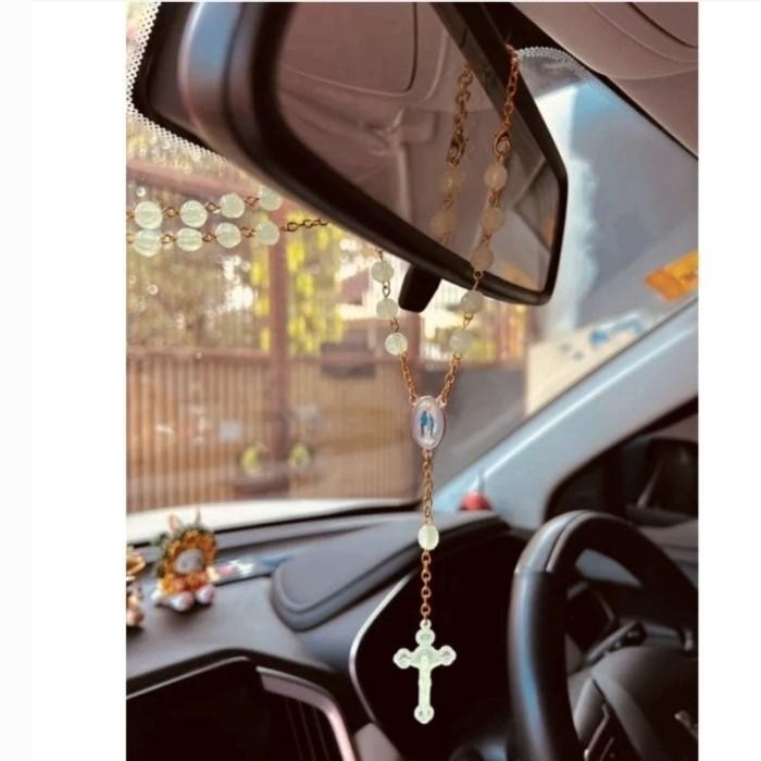 Rosary Salib Car Pendant Mobil Gantungan Rosario Spion Kaca Stir Setir Simple Glow In Dark Aksesoris