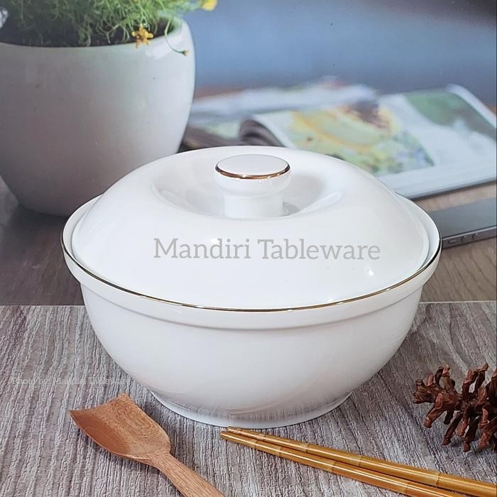 1 Set Mangkok Saji Keramik plus Tutup 23 cm Mangkok Sayur Gold Line Premium Quality