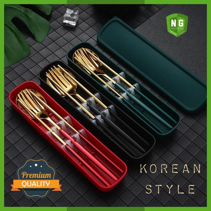 SET ALAT MAKAN KOREA Sendok Garpu Sumpit Stainless Travel Piknik Bekal Peralatan Makan Bahan