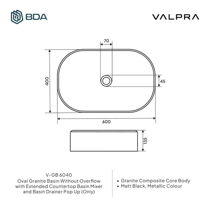 Valpra Wastafel Cuci Tangan Wastafel Kamar Mandi Wastafel Meja Wastafel Granit Oval V GB 6040