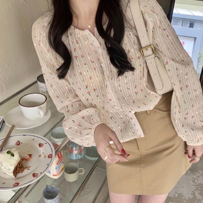 [DENISHA]Blouse bunga wanita motif korea style Atasan Panjang