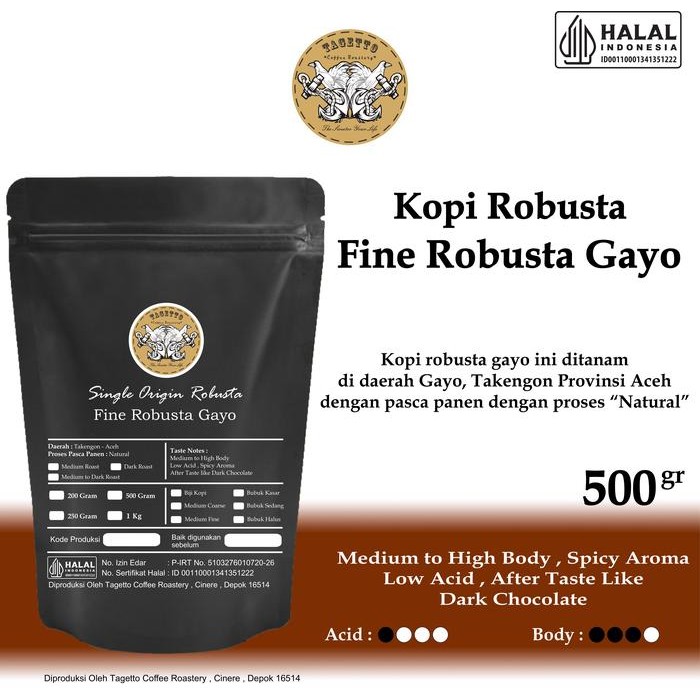 

BIJI KOPI FINE ROBUSTA GAYO 500GR BEAN GROUND BUBUK 500 GRAM TAGETTO COFFEE
