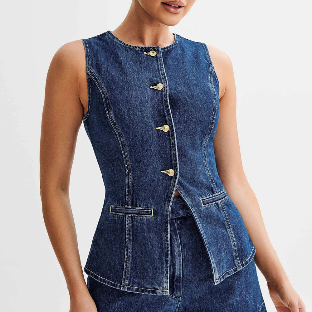 Women'S Vintage Denim Casual Long Vest Tops Button-Up Back Slit Sleeveless Pocket Slim Fits