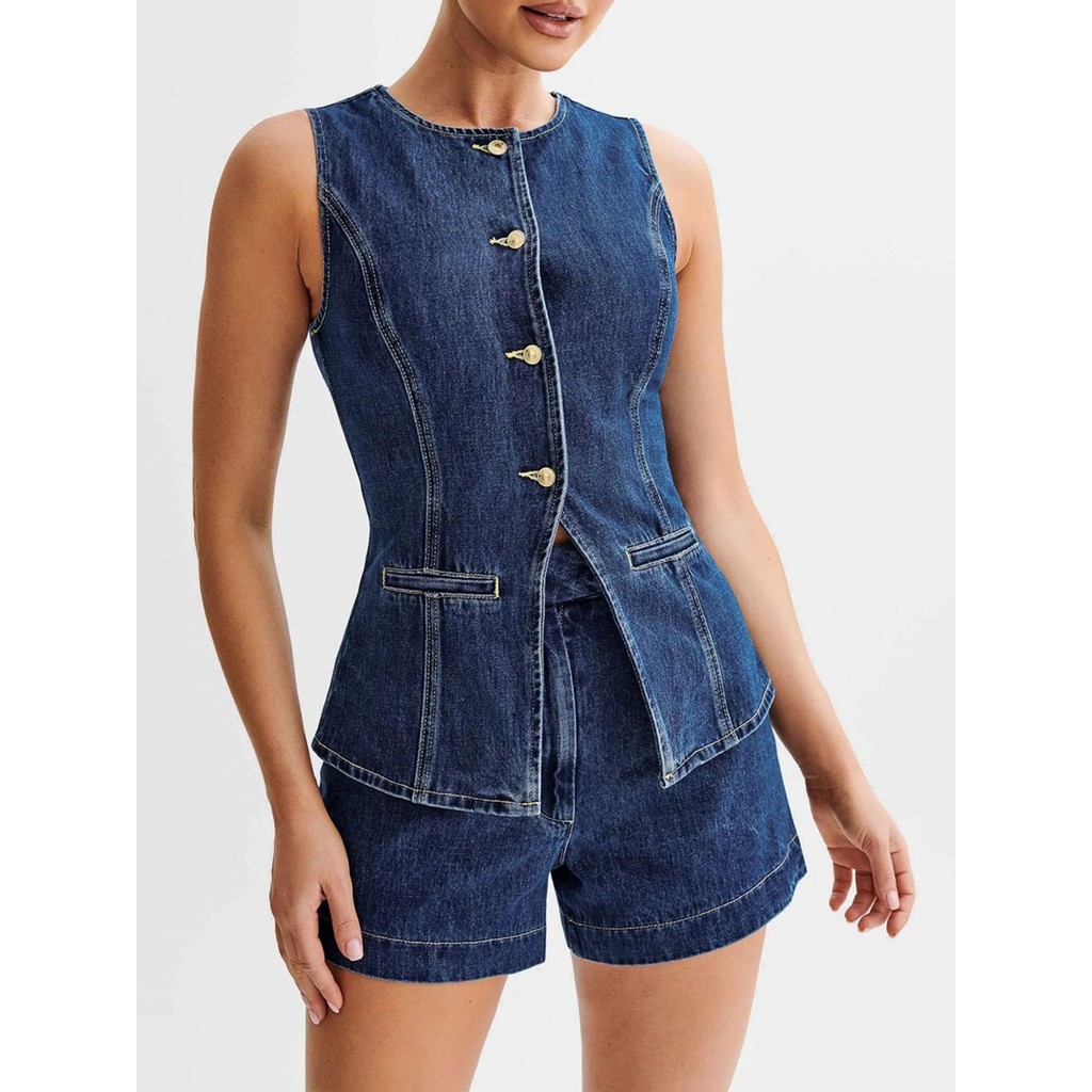 2024 New Fashion Women'S Denim Long Vest Tops Button-Up Back Slit Sleeveless Pocket Round Neck