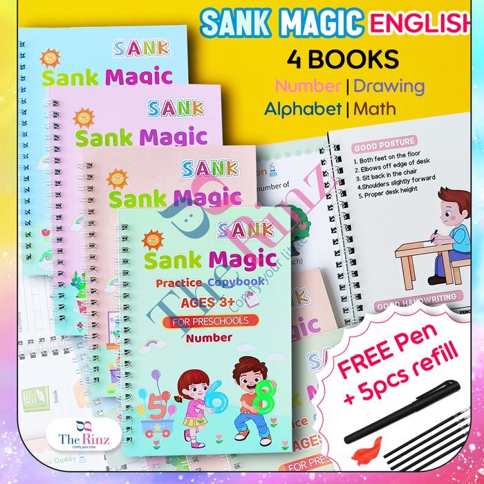

4pcs Sank Magic Book Buku Belajar menulis Anak Buku Angka Huruf Buku Edukasi Anak TK SD PAUD