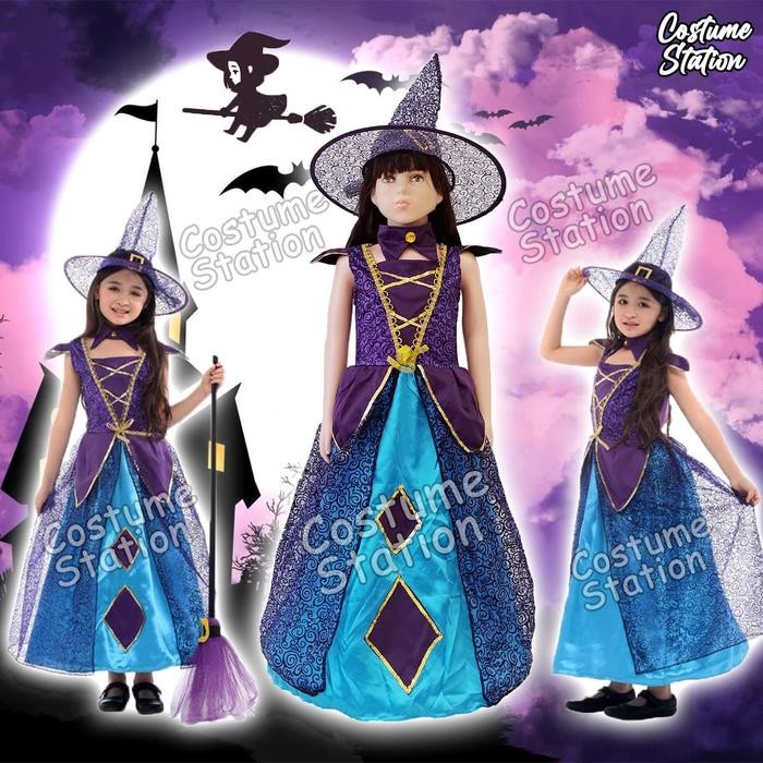 xie Kostum Witch / Costume Nenek Sihir, Penyihir Halloween anak perempuan
