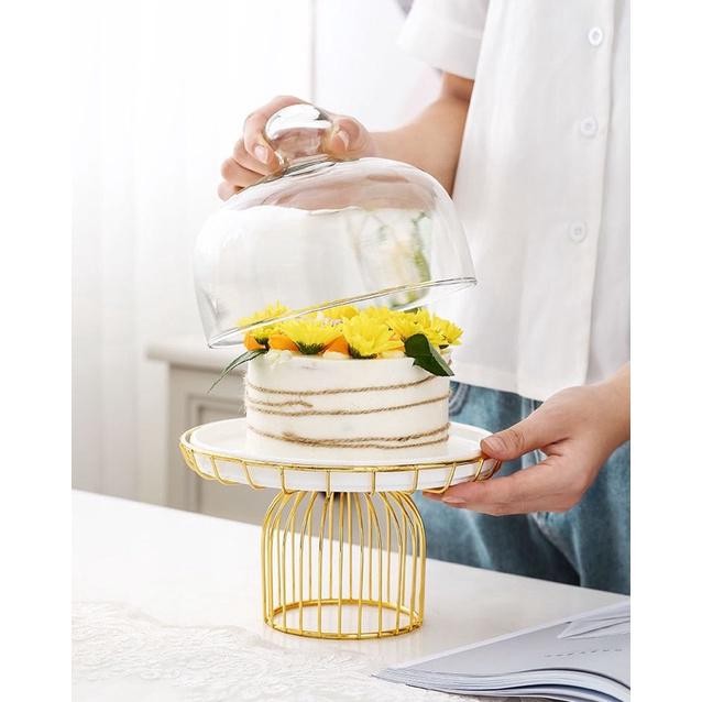 Terbaik Piring Kue Berdiri Tempat Kue Saji Dengan Tutup - Golden Cake Stand