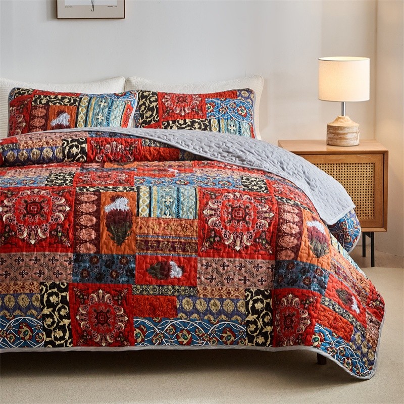 New Quilted Bedspread Set,Soft Microfiber,Thick Bed Cover+Pillowcase,European Flower Patchwork
