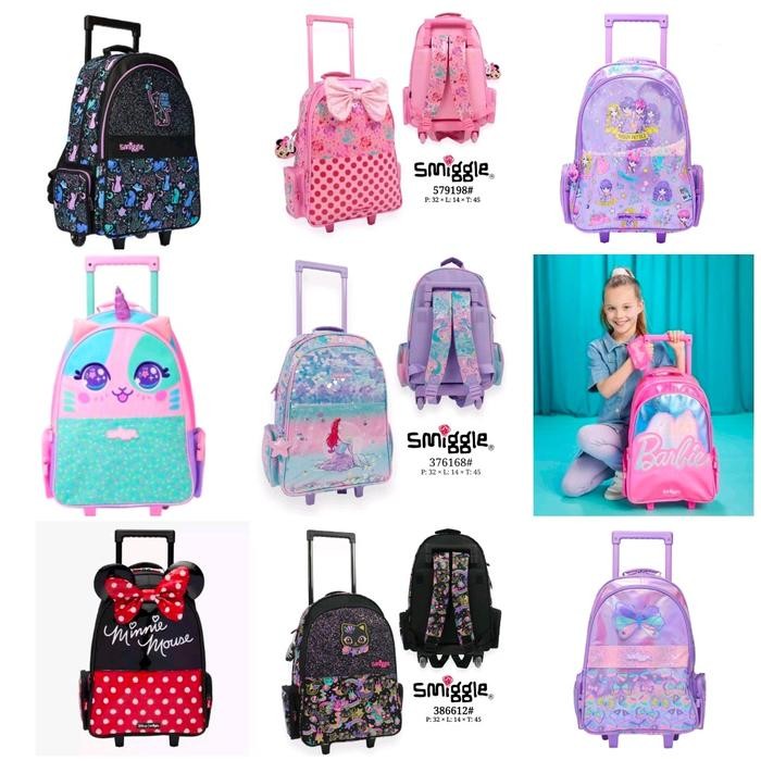 NEW.. SMIGGLE TROLLEY BACKPACK ARIEL, BLACK CAT, KYLIE, BARBII, MINNIE/KADO