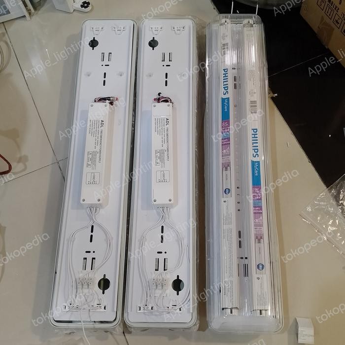 KAP LAMPU WATERPROOF 2X18W KOMPLIT BATRE EMERGENCY & LED PHILIPS 8W