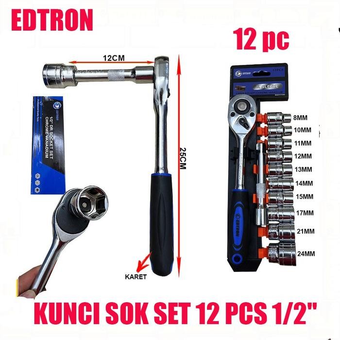 Kunci Sok Set 12 Pcs 1/2" Edtron Kunci Shock Ratchet Besar 12Pc Set