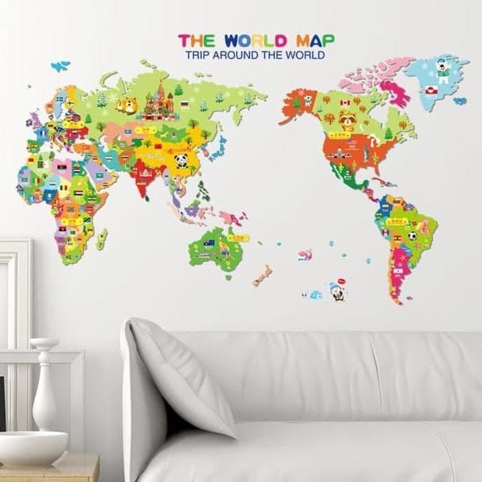 wallpaper stiker dinding peta dunia atlas warna wall sticker premium