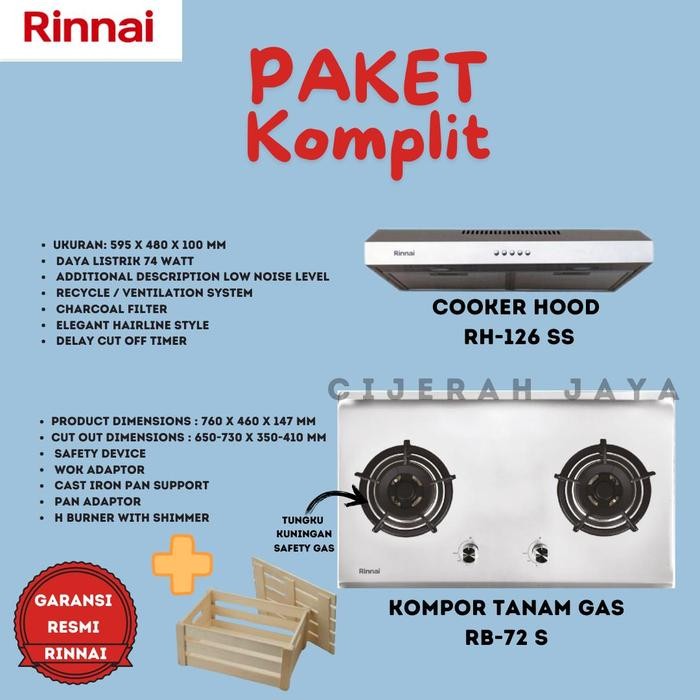 ```````] PAKET KOMPOR TANAM RINNAI STAINLESS 2 TUNGKU RB72S + COOKEHOOD RINNAI 126SS / KOMPOR TANAM