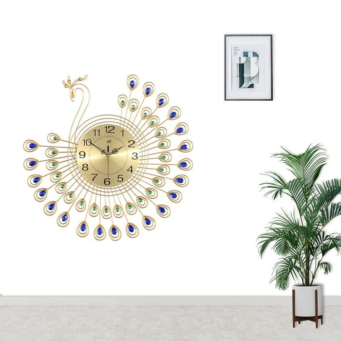 Jam Dinding 3D Diamond Peacock 53x53cm Metal Luxury Wall Clock, Dekorasi Living Room Mewah