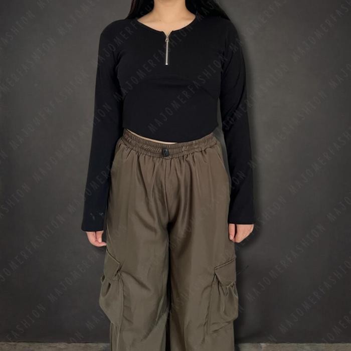 (Allthebest) Majomer Ciwawa Zipper Long Sleeve Crop Top - Atasan Wanita Lengan Panjang