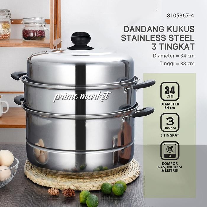 PREMIUM Panci Kukus Pot Steamer Dandang Kukus 3 tingkat Stainless Steel 34 cm