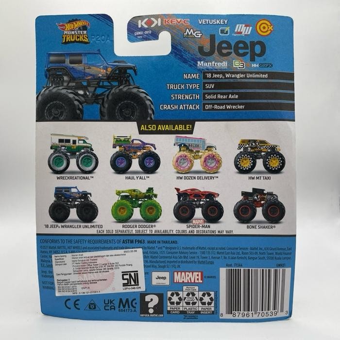 HOT WHEELS MONSTER TRUCKS 18 JEEP WRANGLER UNLIMITED BLUE SKALA 64 HOTWHEELS TRUCK DIECAST