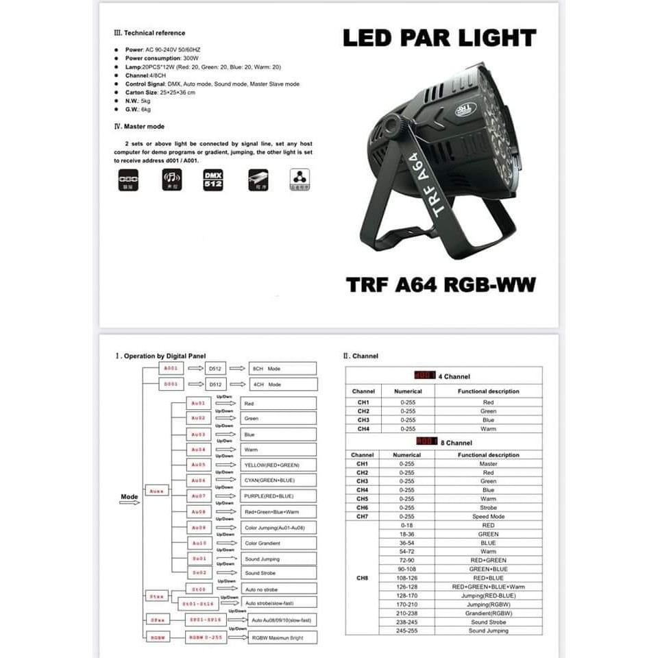 LAMPU PARLED / PAR LIGHT TRF A 64 / A64 ( RGB WW ) + HARDCASE (6 PCS)