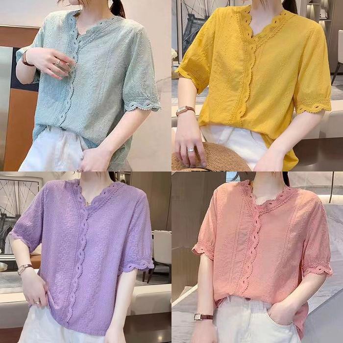 BEST SELLER BLUS KATUN BRUKAT BORDIR HIJAU MINT KUNING UNGU PUTIH PINK SALEM V NECK LIS KEPANG